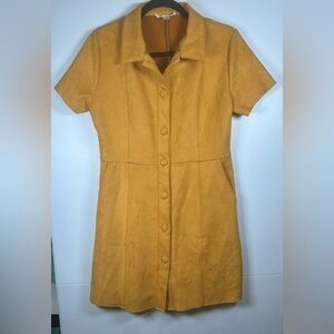 Faux Suede Button Up Dress. Gold Color. Short Sleeves. Size M.
